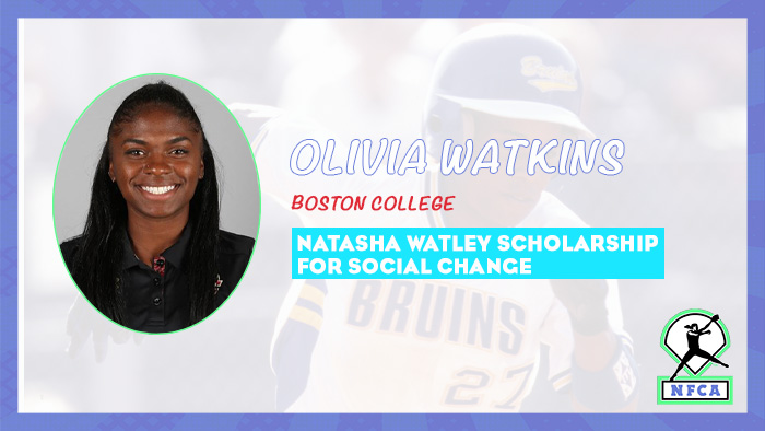natasha watley scholarship for social change, nfca scholarships, Olivia Watkins, Boston College, nfca, natasha watley scholarship for social change presented in partnership with Sue Enquist, Sue enquist
