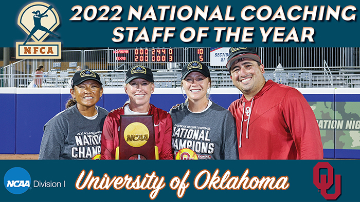 nfca di national coaching staff of the year, nfca, national coaching staff of the year, ou softball, Oklahoma softball, Patty Gasso, JT Gasso, Jennifer Rocha, Kristen Zeleski
