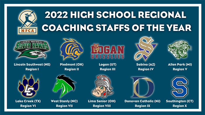 nfca high school regional coaching staffs of the year, nfca regional coaching staff of the year, nfca, nfca awards, Lincoln Southwest High School (Neb.), Piedmont High School (Okla.), Logan High School (Utah), Sabino High School (Ariz.), Allen Park High School (Mich.), Lake Creek High School (Texas), West Stanly High School (N.C.), Lima Senior High School (Ohio), Donovan Catholic High School (N.J.), Southington High School (Conn.)