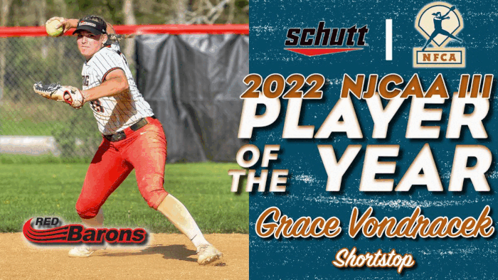 Schutt Sport/NFCA NJCAA DIII Player of the Year, Schutt Sports/NFCA NJCAA DIII Pitcher of the Year, New Balance/NFCA NJCAA DIII Golden Shoe, Diamond Sports/NFCA NJCAA DIII Catcher of the Year, Grace Vondracek, Hannah Hockerman, Rainna Stangle, Emma Bright