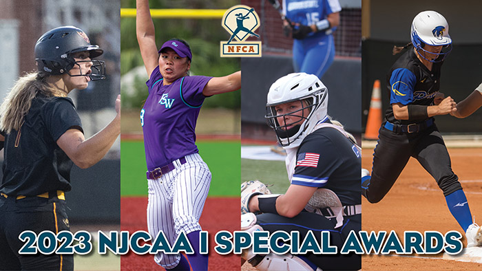 nfca njcaa di special awards, 2023 nfca di njcaa major awards, nfca, njcaa, tucci/nfca NJCAA DI Player of the Year, tucci/nfca NJCAA DI Pitcher of the Year, New Balance/NFCA NJCAA DI Golden Shoe award, Diamond Sports/NFCA NJCAA DI Catcher of the Year,