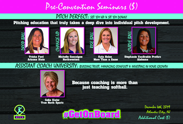 2019 NFCA pre-Convention seminars, Celia Slater, Kyla Holas, Stephanie VanBrakle Prothro, Trisha Ford, Michelle Gascoigne, Assistant Coach University, Pitch Perfect, Atlantic City, softball education