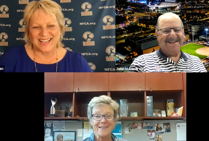 nfca, Carol Bruggeman, Mike Candrea, carol Hutchins, nfca virtual convention, nfca convention, national fastpitch coaches association, softball legends