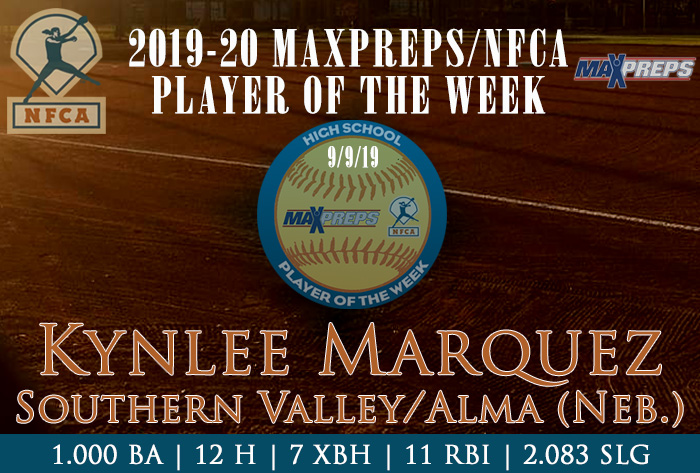 Kynlee Marquez named MaxPreps/NFCA National High School Player of the Week maxpreps, nfca, player of the week, high school, kynlee marquez, southern valley alma high school, oxford, nebraska, softball