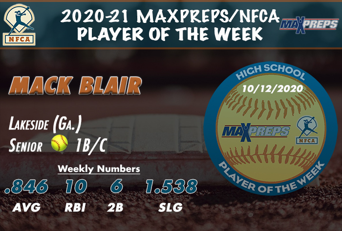 maxpreps/nfca high school player of the week, Mack Blair lakeside softball, Mack Blair, lakeside high school ga, maxpreps, nfca, high school player of the week