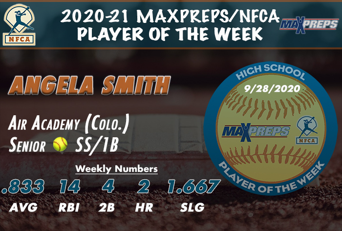 maxprep, maxpreps softball, high school player of the week, maxpreps/nfca high school player of the week, player of the week, Angela smith, air academy high school, air academy, Air Force academy CO, Colorado high school softball, 