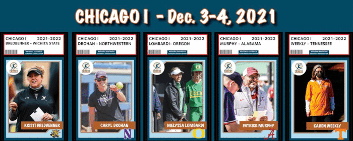 nfca coaches clinics, 2021 nfca coaches clinics, coaches clinics, nfca, Mike Candrea (Arizona, ret.), Deanna Gumpf (Notre Dame), Megan Smith Lyon (Marshall), Kaela Jackson (South Carolina), Lauren Lappin (Arizona), Cindy Bristow (UC Riverside), Kenny Gajewski (Oklahoma State), Jacquie Joseph (Michigan State), Beverly Smith (South Carolina), Carly Wynn (Minnesota), Lonni Alameda (Florida State), Brandon Elliott (Virginia Wesleyan), Tyra Perry (Illinois), Lizzy Ristano (Notre Dame), Mike White (Texas), Mickey Dean (Auburn), Kelly Inouye-Perez (UCLA), Sharonda McDonald-Kelley (Campbell), Jessica Pistole (Southern Oregon), Craig Snider (Texas A&M), Jimmy Kolaitis (Arizona State), Rhonda Revelle (Nebraska), Heather Tarr (Washington), Beth Torina (LSU), Joe Yegge (Missouri Western), JT Gasso (Oklahoma), Loren LaPorte (James Madison), Shonda Stanton (Indiana), Tori Tyson (Howard), Michelle Venturella (WashU), Larissa Anderson (Missouri), Kate Drohan (Northwestern), Carol Hutchins (Michigan), Rachel Lawson (Kentucky), Diane Miller (Nebraska), Kristi Bredbenner (Wichita State), Caryl Drohan (Northwestern), Melyssa Lombardi (Oregon), Patrick Murphy (Alabama), Karen Weekly (Tennessee)