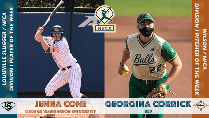 nfca player of the week, nfca pitcher of the week, nfca, Louisville slugger/nfca player of the week, wilson/nfca pitcher of the week, ncaa softball player of the week, ncaa softball pitcher of the week, ncaa player of the week, ncaa pitcher of the week, Jenna Cone, George Washington, Jenna Cone George Washington, GW Softball, George Washington Softball, Georgina Corrick, USF softball, USF, Georgina corrick USF