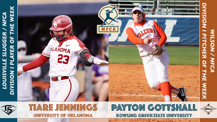 nfca pitcher of the week, nfca player of the week, Louisville slugger, Wilson, Wilson/NFCA Pitcher of the Week, Louisville Slugger/NFCA Player of the Week, Payton Gottshall, Tiare Jennings, nfca