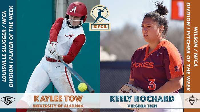 nfca, Louisville slugger, Wilson sporting goods, nfca pitcher of the week, nfca player of the week, Louisville slugger, Wilson, Wilson/NFCA Pitcher of the Week, Louisville Slugger/NFCA Player of the Week, Keely Rochard, Kaylee Tow