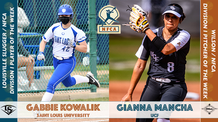 Gabbie Kowalik, Gianna Mancha, nfca player of the week, nfca pitcher of the week, Hannah Roberts, Olivia Lackie, Louisville Slugger/NFCA Di Player of the Week, Wilson/NFCA Di Pitcher of the Week
