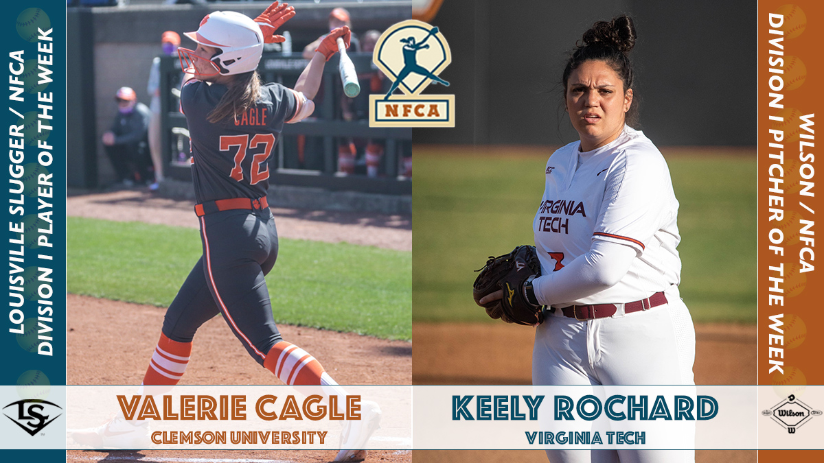 Keely rochard, Virginia Tech, Valerie Cagle, Clemson, NFCA, wilson/nfca pitcher of the week, Louisville slugger/nfca player of the week, nfca player of the week, nfca pitcher of the week