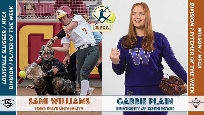 nfca player of the week, nfca pitcher of the week, nfca, Louisville slugger, Wilson, Louisville slugger/nfca player of the week, Wilson/nfca pitcher of the week, Sami Williams, Sami Williams Iowa State, Gabbie Plain, Gabbie Plain Washington