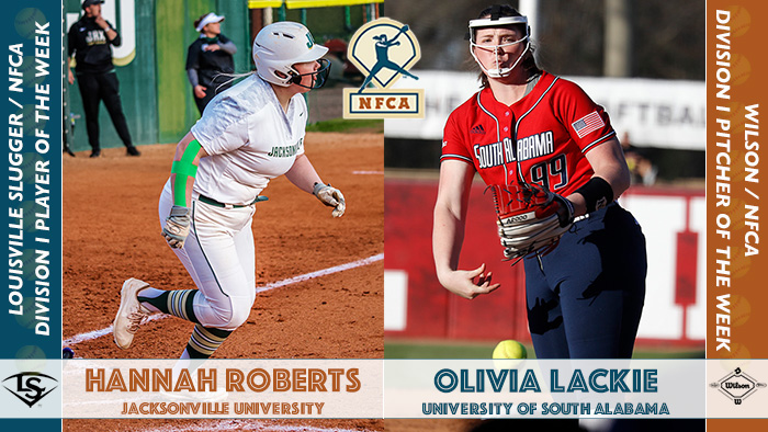 nfca player of the week, nfca pitcher of the week, Hannah Roberts, Olivia Lackie, Louisville Slugger/NFCA Di Player of the Week, Wilson/NFCA Di Pitcher of the Week