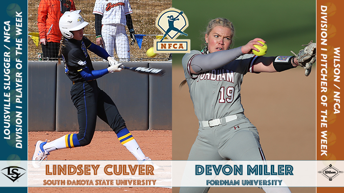 nfca player of the week, nfca pitcher of the week, Louisville slugger, Wilson sporting goods, nfca, wilson/nfca di pitcher of the week, Louisville slugger/nfca di player of the week, Lindsey Culver South Dakota State, Devon Miller Fordham