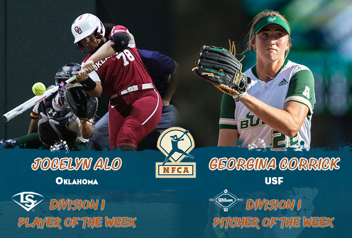 nfca player of the week, nfca pitcher of the week, nfca, Louisville slugger/nfca player of the week, wilson/nfca pitcher of the week, Jocelyn Alo, Georgina Corrick, NFCA di player of the week, nfca di pitcher of the week, 