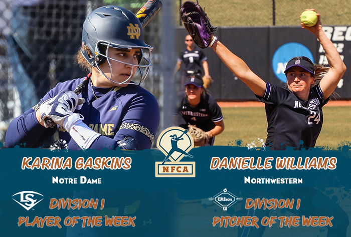 nfca player of the week, nfca pitcher of the week, nfca, Louisville slugger/nfca player of the week, wilson/nfca pitcher of the week, Karina Gaskins, Danielle Williams, NFCA di player of the week, nfca di pitcher of the week, wilson sporting goods, Louisville slugger,