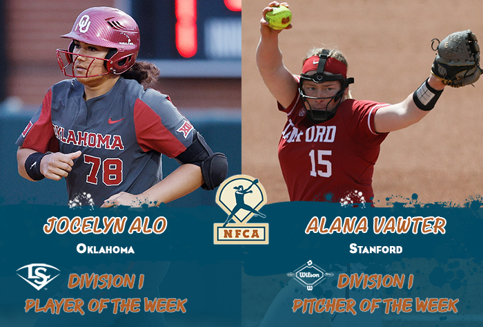 nfca player of the week, nfca pitcher of the week, nfca, Louisville slugger/nfca player of the week, wilson/nfca pitcher of the week, Jocelyn Alo, Alana Vawter, NFCA di player of the week, nfca di pitcher of the week, wilson sporting goods, Louisville slugger,