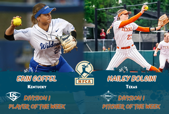 nfca player of the week, nfca pitcher of the week, nfca, Louisville slugger/nfca player of the week, wilson/nfca pitcher of the week, Erin Coffel, Hailey Dolcini, NFCA di player of the week, nfca di pitcher of the week, wilson sporting goods, Louisville slugger,
