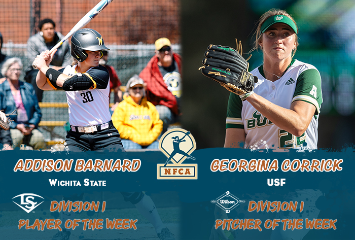 nfca player of the week, nfca pitcher of the week, nfca, Louisville slugger/nfca player of the week, wilson/nfca pitcher of the week, Addison Barnard, Georgina Corrick, NFCA di player of the week, nfca di pitcher of the week, wilson sporting goods, Louisville slugger,