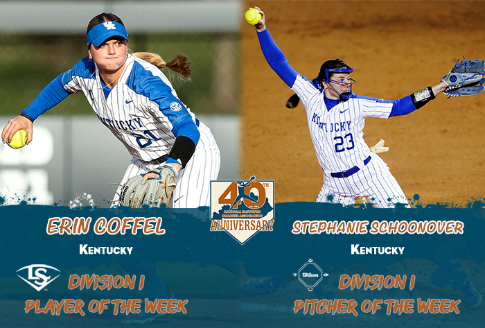 Louisville slugger/NFCA Player of the Week, Wilson/NFCA Pitcher of the Week, NFCA, NFCA D1 Player of the Week, NFCA D1 Pitcher of the Week, Wilson Sporting Goods, Louisville Slugger, Erin Coffee, Stephanie Schooner, UK Softball, kentucky