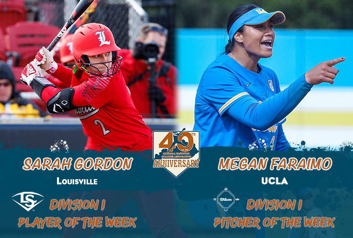 Louisville slugger/NFCA Player of the Week, Wilson/NFCA Pitcher of the Week, NFCA, NFCA D1 Player of the Week, NFCA D1 Pitcher of the Week, Wilson Sporting Goods, Louisville Slugger, Megan Faraimo, Sarah Gordon