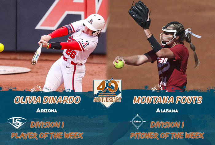 Louisville slugger/NFCA Player of the Week, Wilson/NFCA Pitcher of the Week, NFCA, NFCA D1 Player of the Week, NFCA D1 Pitcher of the Week, Wilson Sporting Goods, Louisville Slugger, Montana Fouts, Olivia DiNardo