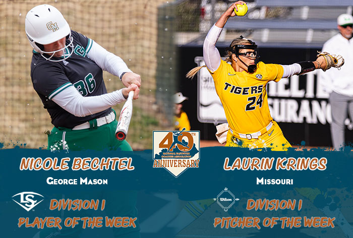 Louisville slugger/NFCA Player of the Week, Wilson/NFCA Pitcher of the Week, NFCA, NFCA D1 Player of the Week, NFCA D1 Pitcher of the Week, Wilson Sporting Goods, Louisville Slugger, Nicole Bechtel, George Mason, George Mason softball, Laurin Brings, Mizzou, Mizzou softball