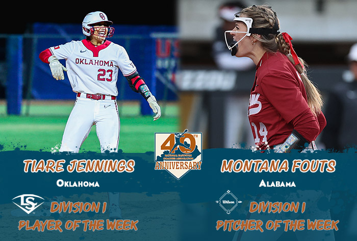 Louisville slugger/NFCA Player of the Week, Wilson/NFCA Pitcher of the Week, NFCA, NFCA D1 Player of the Week, NFCA D1 Pitcher of the Week, Wilson Sporting Goods, Louisville Slugger, Tiare Jennings, Montana Fouts
