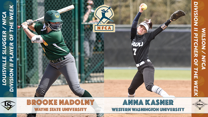 nfca pitcher of the Week, nfca, nfca player of the week, dii player of the week, dii pitcher of the week, Louisville slugger/nfca dii player of the week, Wilson/NFCA Dii pitcher of the week, Brooke Nadolny, Anna Kasner, Western Washington, Wayne State, Wayne State University