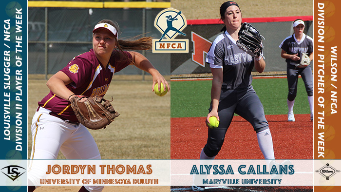 nfca player of the week, nfca, nfca pitcher of the week, Wilson/nfca dii pitcher of the week, Louisville slugger/nfca dii player of the week, Alyssa Callans, Jordyn Thomas, d2 softball, dii softball