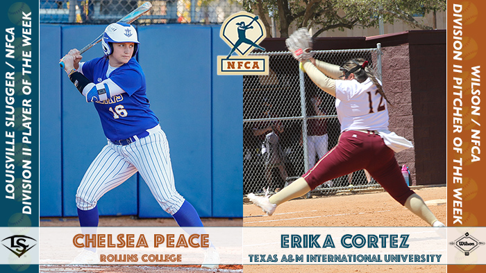 wilson/nfca dii pitcher of the week, Louisville slugger/nfca dii player of the week, wilson/nfca pitcher of the week, Louisville slugger/nfca player of the week, Chelsea peace, Chelsea peace Rollins, Rollins College, Rollins softball, Erika Cortez, Erika Cortez Texas A&M International's, TAMIU, TAMIU Dustdevils
