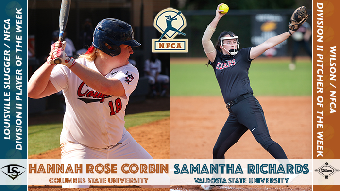 nfca player of the week, nfca pitcher of the week, nfca, Louisville Slugger/NFCA Player of the Week, Wilson/NFCA Pitcher of the Week, Hannah Rose Corbin, Columbus State University, Samantha Richards, Valdosta State University