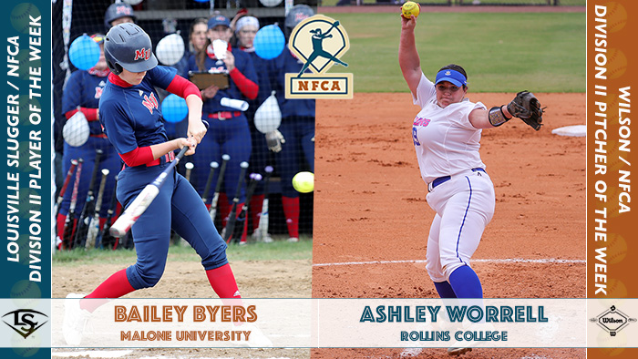 Bailey Byer, Bailey Byers Malone, NFCA player of the week, Louisville Slugger/NFCA DII Player of the Week, nfca, Ashley Worrell, Ashley Worrell Rollins, Rollins softball, Rollins College, Rollins wilson/nfca dii pitcher of the week, nfca pitcher of the week, dii softball