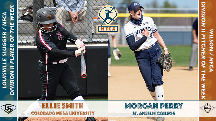 nfca d2 player of the week, nfca, Louisville slugger/nfca player of the week, wilson/nfca pitcher of the week, dii softball, nfca pitcher of the week, ncaa dii softball, Morgan Perry, Saint Anselm, Saint Anselm softball, Ellie Smith, Ellie Smith Colorado Mesa, Colorado Mesa, Colorado Mesa softball,