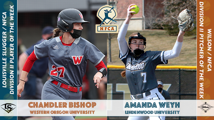wilson/nfca dii pitcher of the week, nfca player of the week, Lindenwood softball, Louisville slugger, Louisville slugger/NFCA DII Player of the Week, WOU softball, Western Oregon University, Amanda Weyh, Chandler Bishop, wilson sporting goods, nfca pitcher of the week, nfca