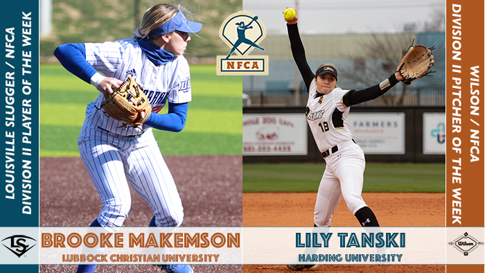 nfca, nfca player of the week, nfca pitcher of the week, Louisville slugger, Wilson sporting goods, Wilson/nfca division ii pitcher of the week, Louisville slugger/nfca division ii player of the week, Louisville slugger / nfca player of the week, Wilson / nfca pitcher of the week, Lily Tanski, Harding University, Brooke Makemson, Lubbock Christian