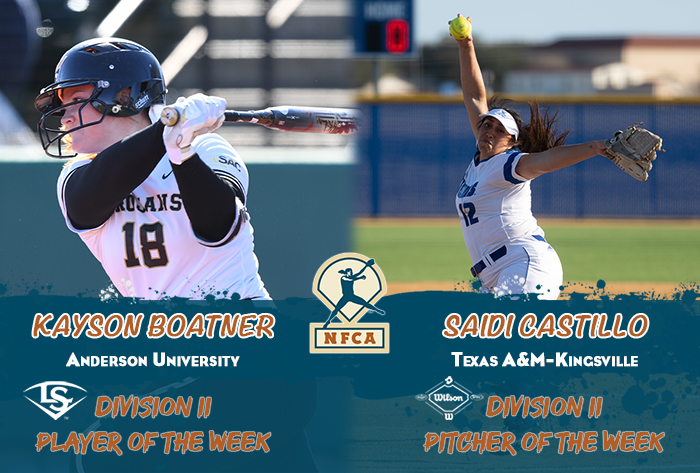 nfca player of the week, nfca pitcher of the week, nfca, Louisville slugger/nfca player of the week, wilson/nfca pitcher of the week, NFCA d2 player of the week, kayson boatner, saidi castillo