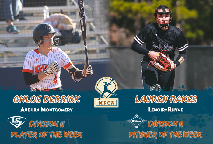 nfca player of the week, nfca pitcher of the week, nfca, Louisville slugger/nfca player of the week, wilson/nfca pitcher of the week, NFCA d2 player of the week, nfca d2 pitcher of the week, Lauren Rakes, Lenoir-Rhyne, Chloe Derrick, AUM, 