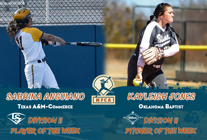 nfca player of the week, nfca pitcher of the week, nfca, Louisville slugger/nfca player of the week, wilson/nfca pitcher of the week, NFCA d2 player of the week, nfca d2 pitcher of the week, wilson sporting goods, Louisville slugger, Sabrina Anguiano, Kayleigh Jones