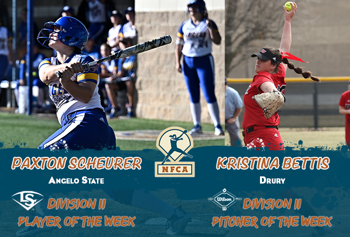 nfca DII player of the week, nfca DII pitcher of the week, nfca, Louisville Slugger/NFCA DII Player of the Week, Wilson/NFCA DII Pitcher of the Week, Paxton Scheurer, Kristina Bettis