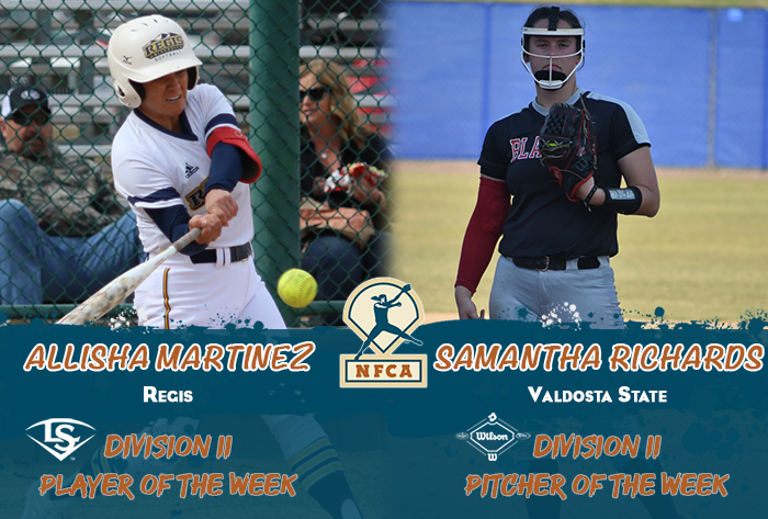 nfca player of the week, nfca pitcher of the week, nfca, Louisville slugger/nfca player of the week, wilson/nfca pitcher of the week, NFCA d2 player of the week, nfca d2 pitcher of the week, wilson sporting goods, Louisville slugger, Samantha Richards, Valdosta State, vsu blazers, Valdosta state softball, Allisha Martinez, Regis, Regis softball, regis college, regis rangers
