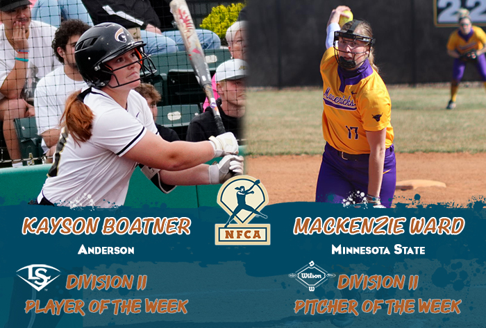 nfca DII player of the week, nfca DII pitcher of the week, nfca, Louisville Slugger/NFCA DII Player of the Week, Wilson/NFCA DII Pitcher of the Week, Kayson Boatner, Mackenzie Ward
