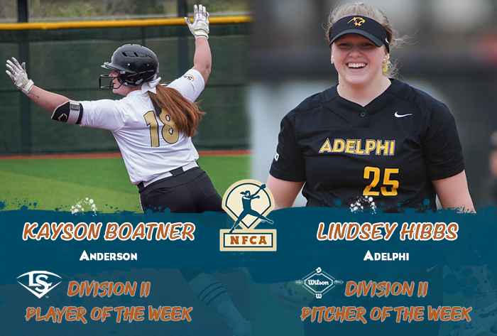 nfca DII player of the week, nfca DII pitcher of the week, nfca, Louisville Slugger/NFCA DII Player of the Week, Wilson/NFCA DII Pitcher of the Week, Kayson Boatner, Lindsey Hibbs