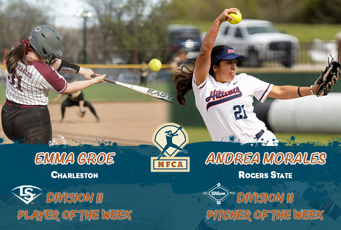 nfca DII player of the week, nfca DII pitcher of the week, nfca, Louisville Slugger/NFCA DII Player of the Week, Wilson/NFCA DII Pitcher of the Week, Emma Gore, Andrea Morales