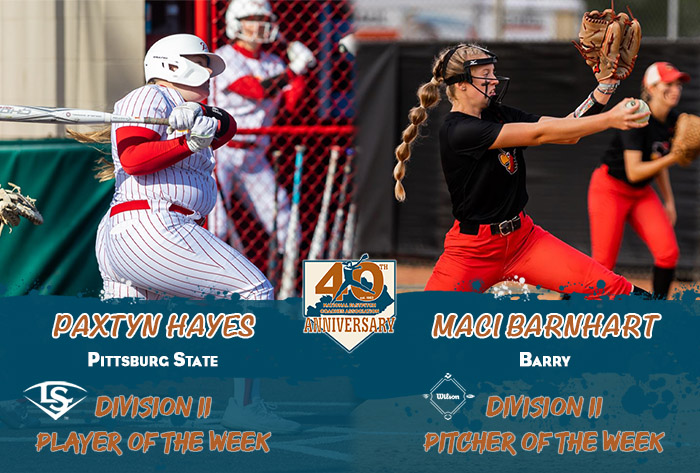 Louisville slugger/nfca dii player of the week, wilson/nfca dii pitcher of the week, nfca dii pitcher of the week, nfca dii player of the week, nfca, Maci Barnhardt, Paxtyn Hayes