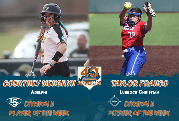 Louisville slugger/NFCA Player of the Week, Wilson/NFCA Pitcher of the Week, NFCA, NFCA D2 Player of the Week, NFCA D2 Pitcher of the Week, Wilson Sporting Goods, Louisville Slugger, Courtney Wengryn, Taylor Franco