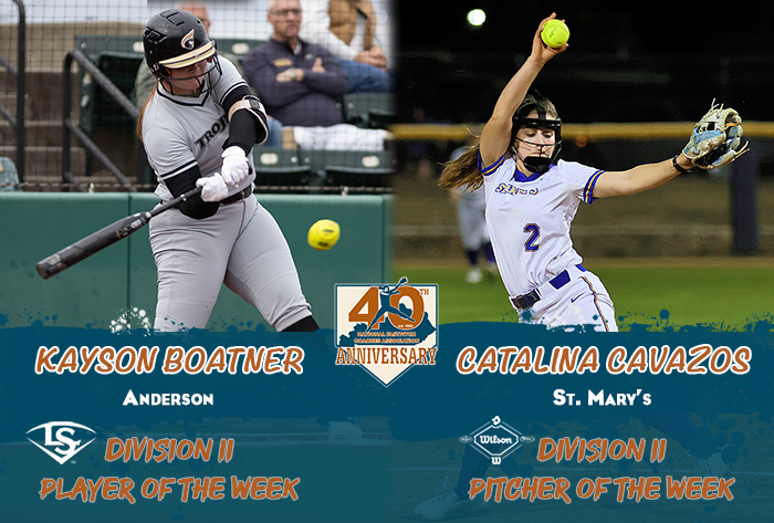 nfca player of the week, nfca pitcher of the week, nfca, Louisville slugger/nfca dii player of the week, wilson/nfca dii pitcher of the week, wilson athletics, Louisville slugger, kayson boatner, Catalina Cavazos
