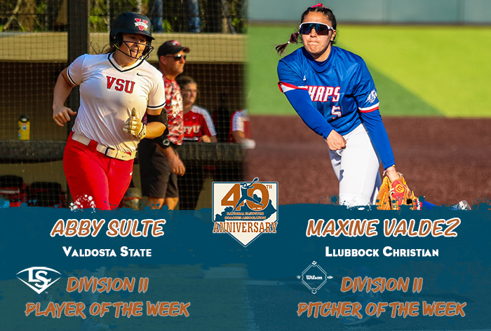 Louisville slugger/NFCA Player of the Week, Wilson/NFCA Pitcher of the Week, NFCA, NFCA D2 Player of the Week, NFCA D2 Pitcher of the Week, Wilson Sporting Goods, Louisville Slugger, Abby Sulte, Maxine Valdez