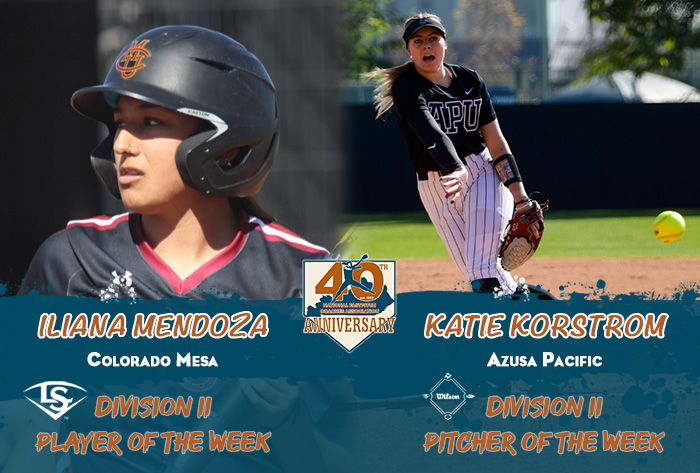 Louisville slugger/NFCA Player of the Week, Wilson/NFCA Pitcher of the Week, NFCA, NFCA D2 Player of the Week, NFCA D2 Pitcher of the Week, Wilson Sporting Goods, Louisville Slugger, Iliana Mendoza, Katie Korstrom, Colorado Mesa softball, Colorado mesa, Azusa Pacific, APU softball